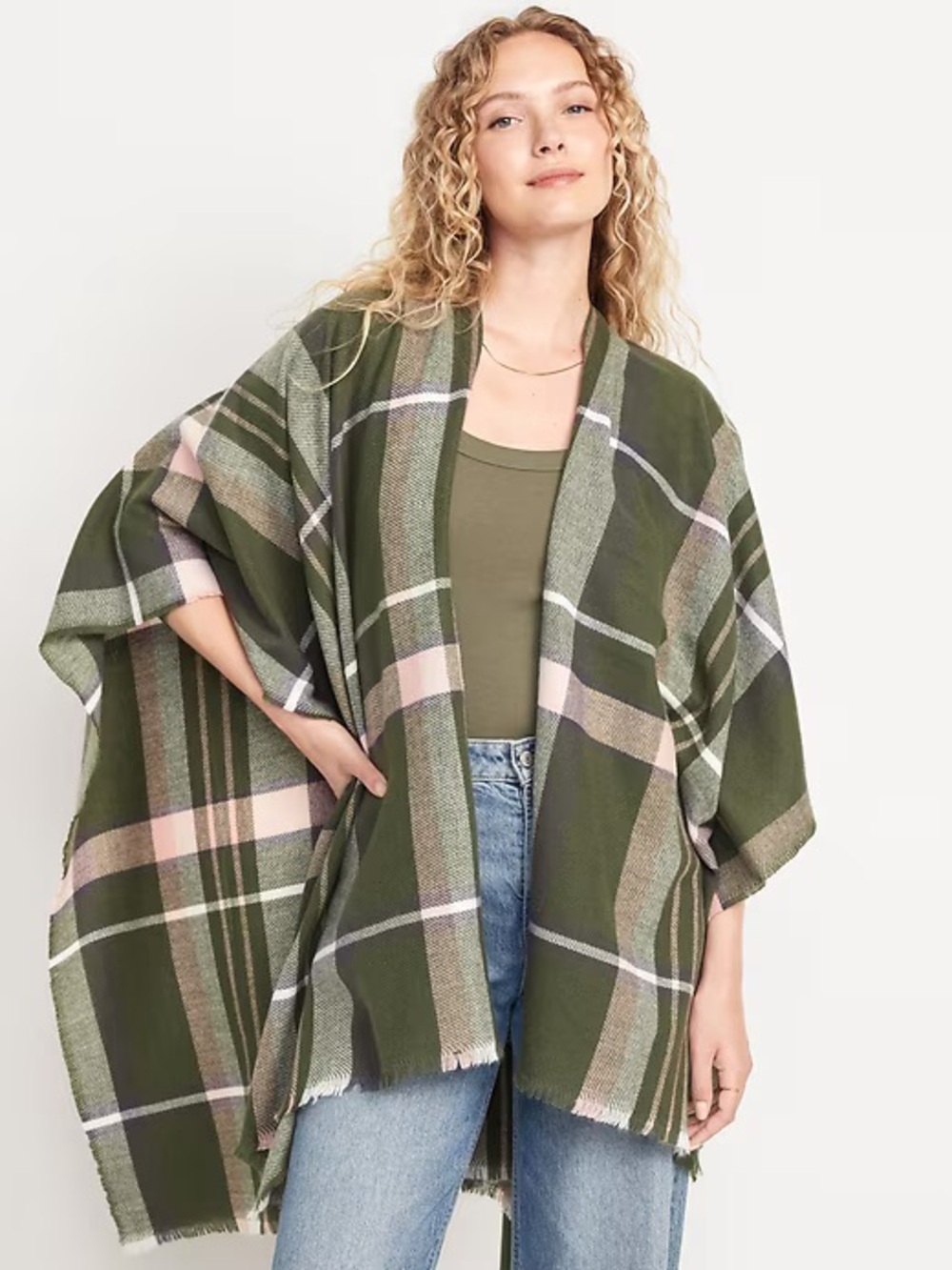 Old Navy Olive & Pink Plaid Open-Front Poncho